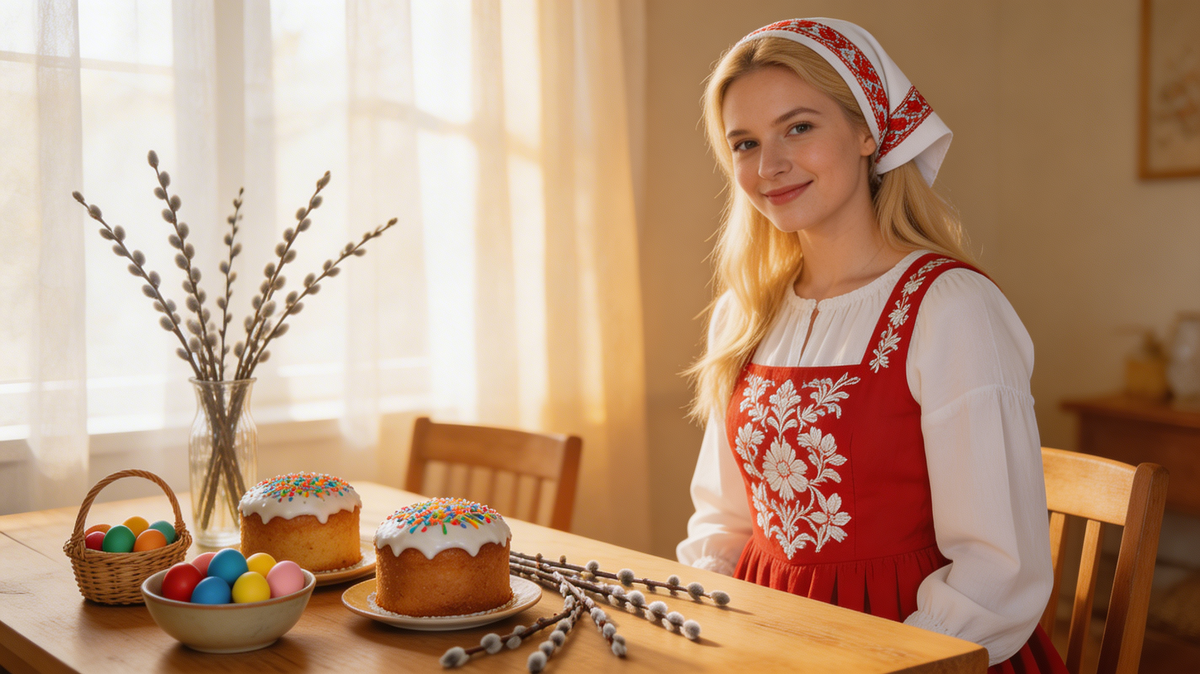 праздничный пасхальный стол с куличами и крашеными яйцами