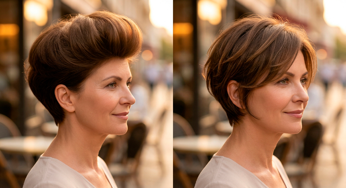 Слева - стрижка с чрезмерным объёмом на макушке (шарообразный силуэт). Справа - та же женщина с доработанной стрижкой: мягкий объём у корней без шарообразности, удлинённые пряди у лица.