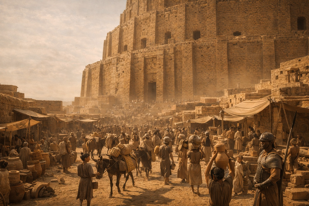 Не сама вершина мифа, а архитектурная реальность: массивная ступенчатая башня как часть живого древнего города.