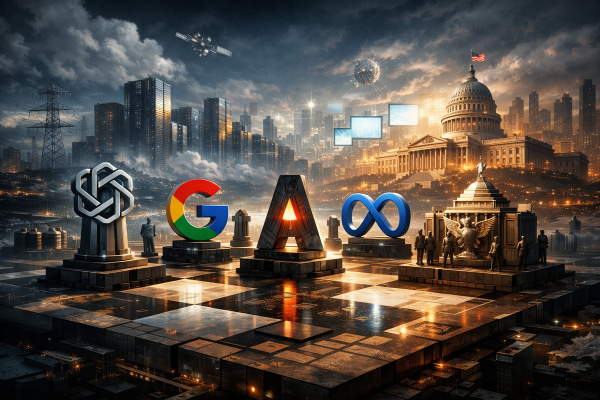 Большая эпическая композиция о новой архитектуре искусственного интеллекта. На переднем плане — гигантская многоуровневая шахматная доска или стратегическая карта, на которой вместо фигур стоят символические образы OpenAI, Google, Anthropic, Meta и государств как цивилизационных сил. В глубине — дата-центры, линии электропередач, серверные башни, спутники, правительственные здания, гигантские экраны и цифровые облака. Атмосфера не стартап-гонки, а борьбы за контроль над будущим мира.