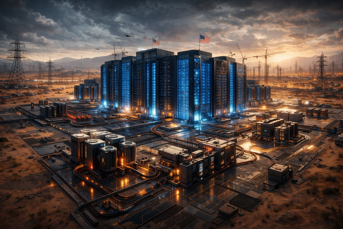Гигантский футуристический дата-центр в пустынном или техасском ландшафте как символ проекта Stargate. На переднем плане — светящиеся серверные модули, энергетические узлы, кабели, мощные системы охлаждения. Вдали — строительные краны, электроподстанции, высоковольтные линии и американский индустриальный горизонт. Атмосфера колоссального технологического строительства, словно создаётся новый промышленный собор эпохи ИИ. 