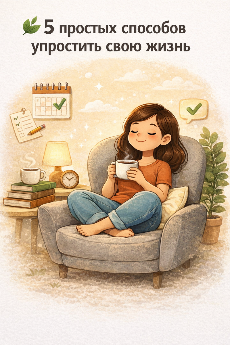 ###🌿 5 простых способов упростить свою жизньИногда жизнь кажется слишком сложной. Работа, обязанности, личные проблемы — всё это утомляет и отнимает силы. Но на самом деле сделать жизнь легче вполне возможно. Вот 5 простых способов, которые помогут вам в этом.### 1. Избавьтесь от лишнегоОчистите своё пространство от ненужных вещей, информации и даже токсичных людей. Чем меньше лишнего вокруг — тем спокойнее внутри.### 2. Планируйте свой деньЧёткий план помогает снизить стресс и повысить продуктивность. Даже простой список дел уже делает день более организованным.### 3. Учитесь говорить «нет»Не нужно соглашаться на всё подряд. Уважайте своё время и энергию — это важный навык для комфортной жизни.### 4. Наслаждайтесь простыми радостямиЧашка кофе, прогулка на свежем воздухе или любимая книга — счастье часто скрывается в мелочах.### 5. Выделяйте время для себяКаждый день находите хотя бы 30 минут для себя. Это помогает восстановить силы и улучшить настроение.---## ✨ ИтогУсложнить жизнь легко, а вот упростить её — это осознанный выбор. Маленькие изменения способны привести к большим результатам.