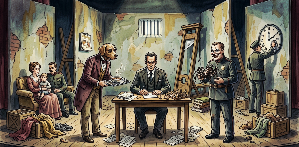 Театральная образность крепости:Вместо часов в коридоре — «пустой циферблат, но зато каждые полчаса сторож смывает старую стрелку и малюет новую, — вот так и живёшь по крашенному времени».