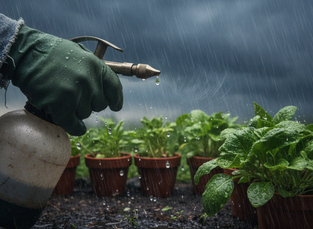    Опрыскивание растений в горшках на фоне приближающегося дождя. adminzelenayausadba
