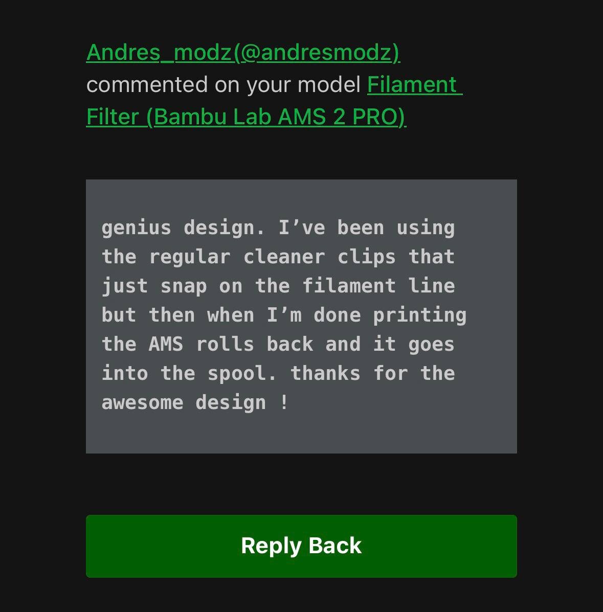 Отзыв о «Filament Filter» на платформе «MakerWorld»: «Гениальная конструкция. Раньше я использовал обычные зажимы для очистки, которые просто защелкиваются на леске, но после печати нить AMS сматывается обратно на катушку. Спасибо за потрясающий дизайн!» 