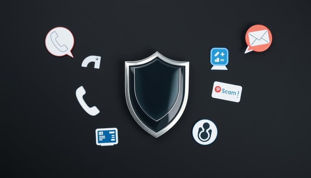    Щит, символизирующий защиту, окруженный иконками телефонов и спам-сообщениями на темном фоне.