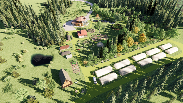 Это макет, центральная часть участка уже воплощена, равно как и 80% биосферного купола с противопожарной полосой. Купольный Дом Вегетарий ждёт продолжения строительства, а вот тепличное хозяйство, скорее всего, останется только на макете.
