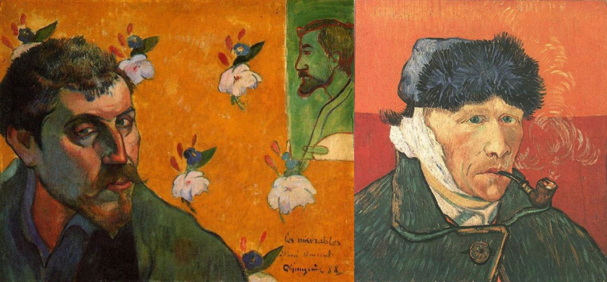 Поль Гоген. Автопортрет с портретом Бернара из романа «Отверженные» и Винсент Ван Гог, Автопортрет с перевязанным ухом и трубкой