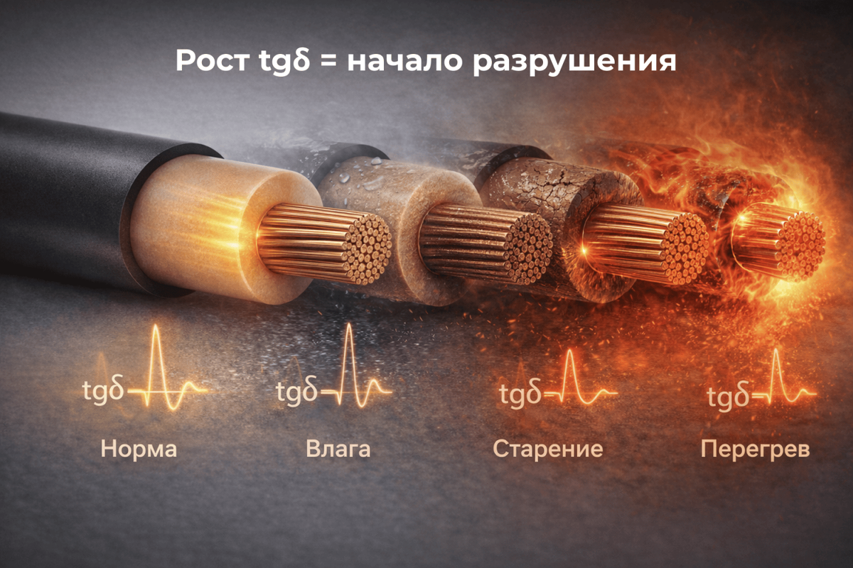 Рост tgδ означает:
1) Увеличение тепловыделения;
2) Ускорение процессов старения;
3) Снижение электрической прочности;