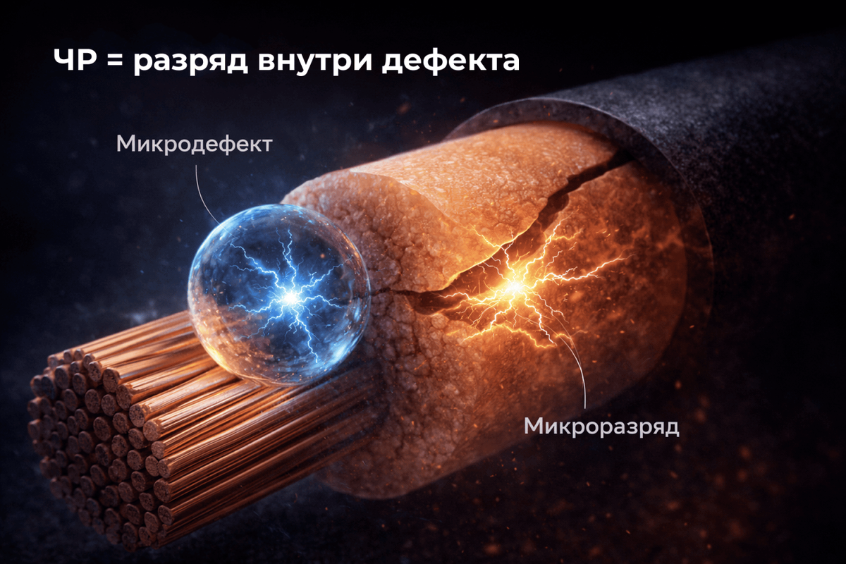 ЧР возникают в:
1) Воздушных или газовых включениях трещинах;
2) Зонах расслоения;
3) Местах загрязнения или увлажнения;