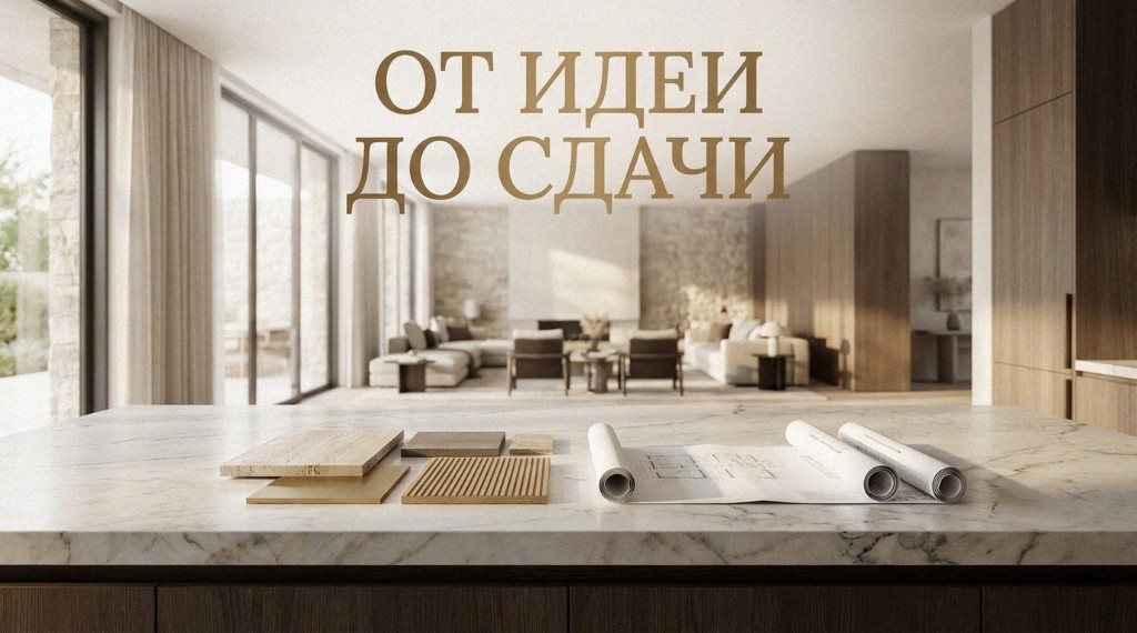 На обложке: надпись «ОТ ИДЕИ ДО СДАЧИ», чертежи и образцы материалов на мраморной столешнице, на фоне светлой гостиной.