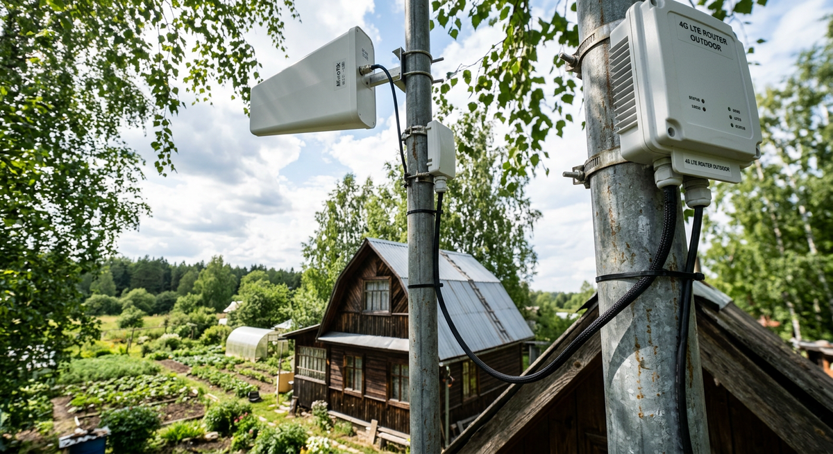 Правильная установка уличного роутера в герметичном боксе на мачте рядом с антенной для минимальных потерь сигнала