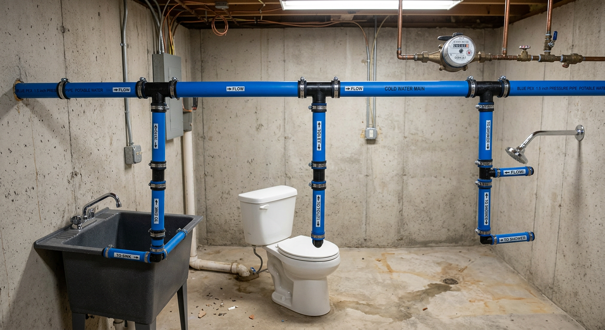 Схема последовательной водопроводной разводки с магистралью и тройниками для дома.