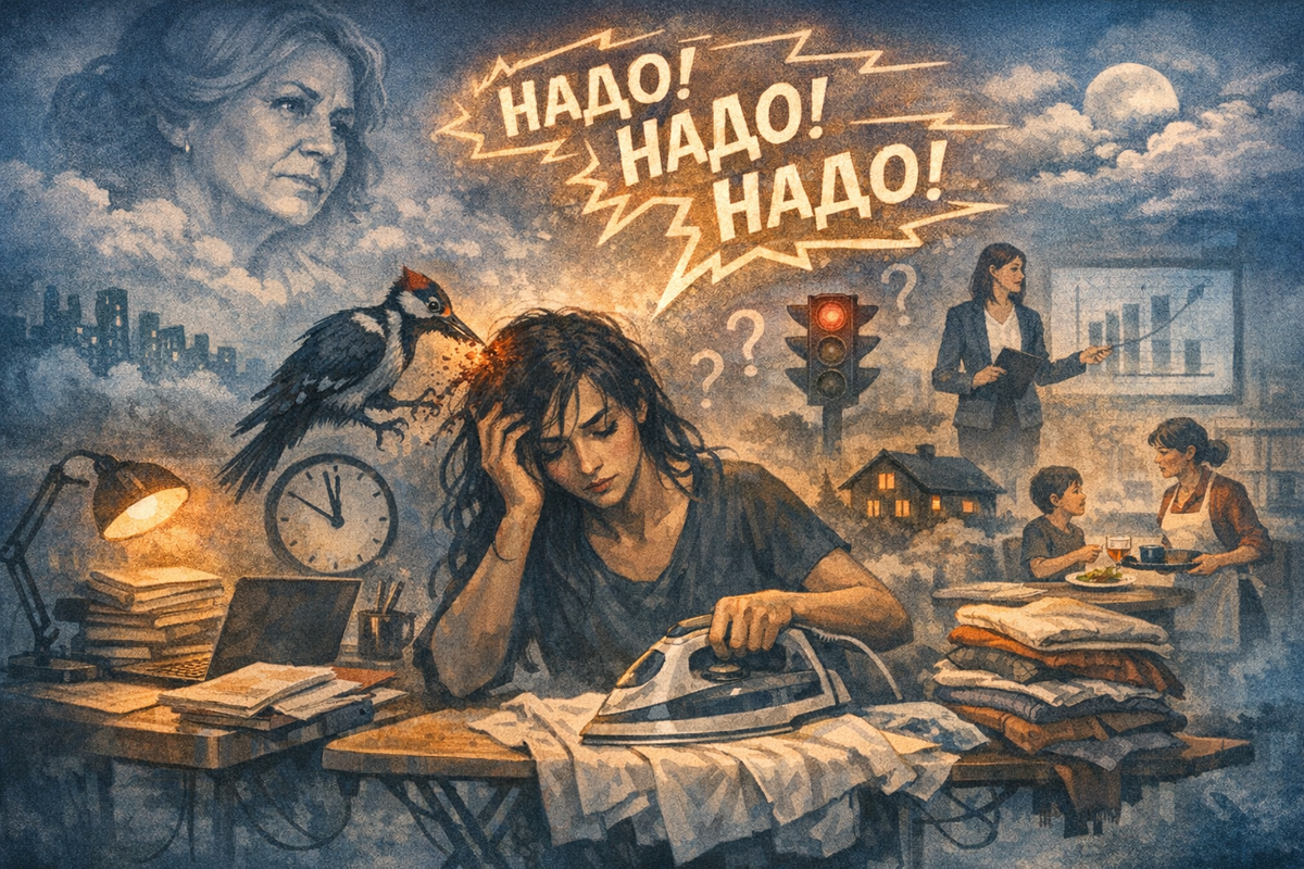 Даже если родителей давно нет, внутренняя мамина установка продолжает жить в голове, как дятел, который долбит своими «НАДО».