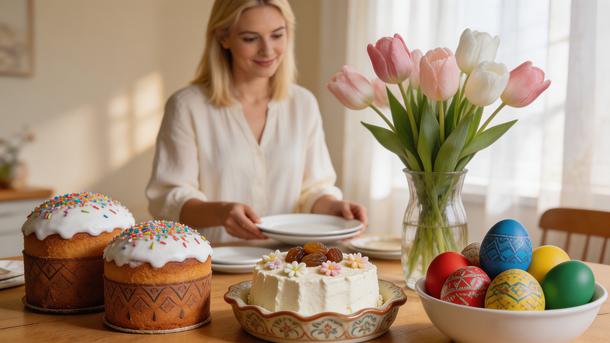 Пасхальный стол с традиционными блюдами и цветами