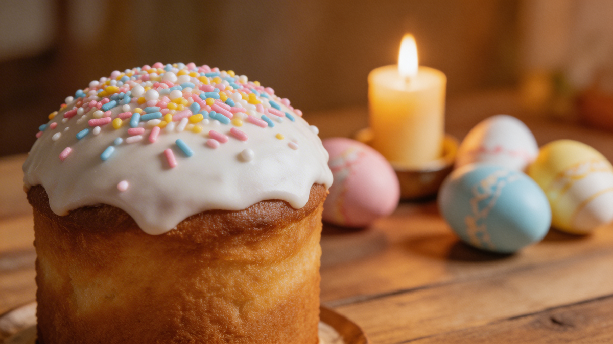 Кулич с глазурью и крашеными яйцами