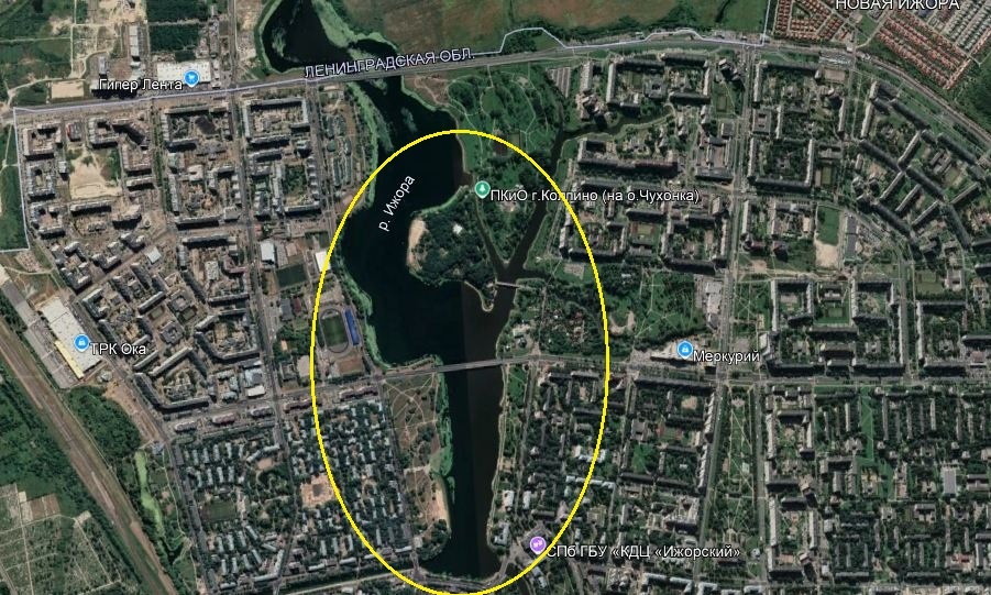 Главный гидроним города Колпино русло Ижоры в виде "деревянной ноги" на карте.