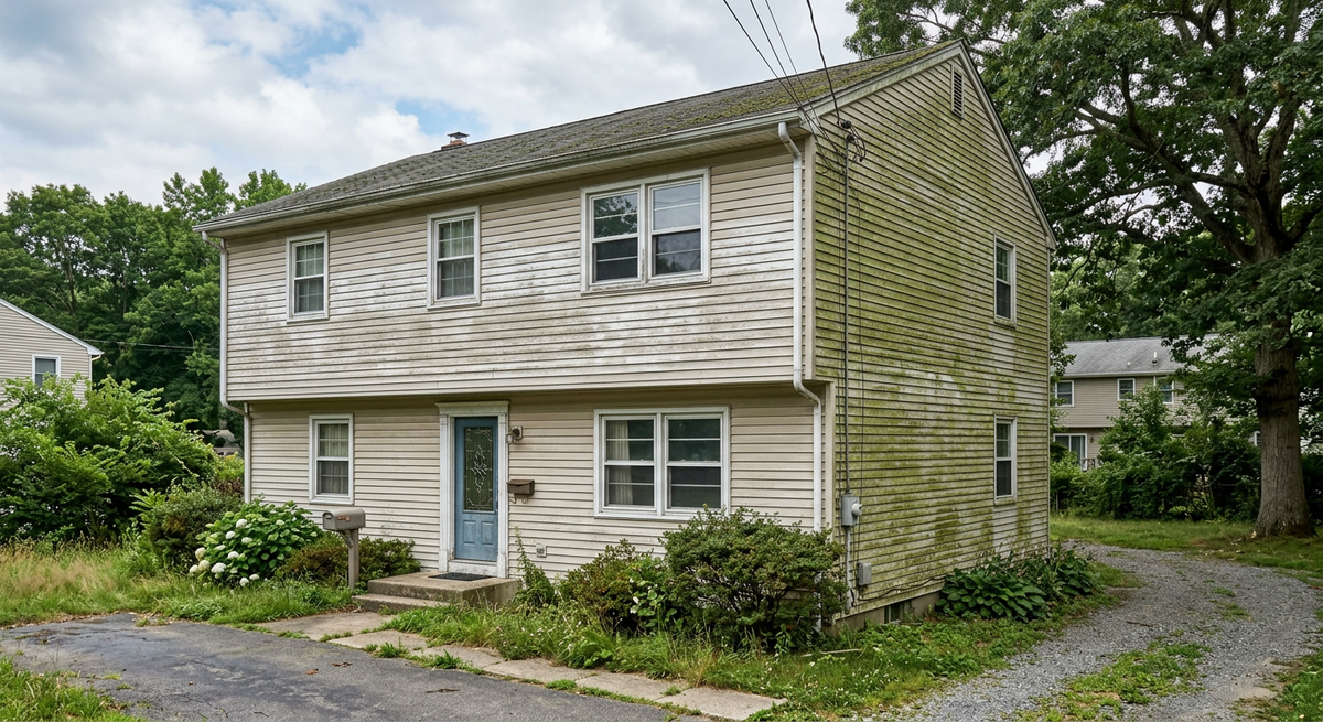 Выцветший виниловый сайдинг на фасаде дома, покрытый пылью и налетом.