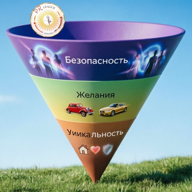 Схема конуса потребностей (инфографика), где внизу — уникальность, вверху — безопасность.