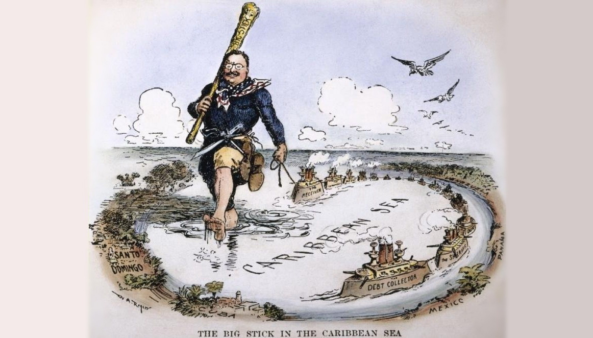     Американская «Большая дубинка» в Карибском море.    
Уильям Аллен Роджерс, Теодор Рузвельт и его «Большая дубинка» в Карибском море. карикатура 1904