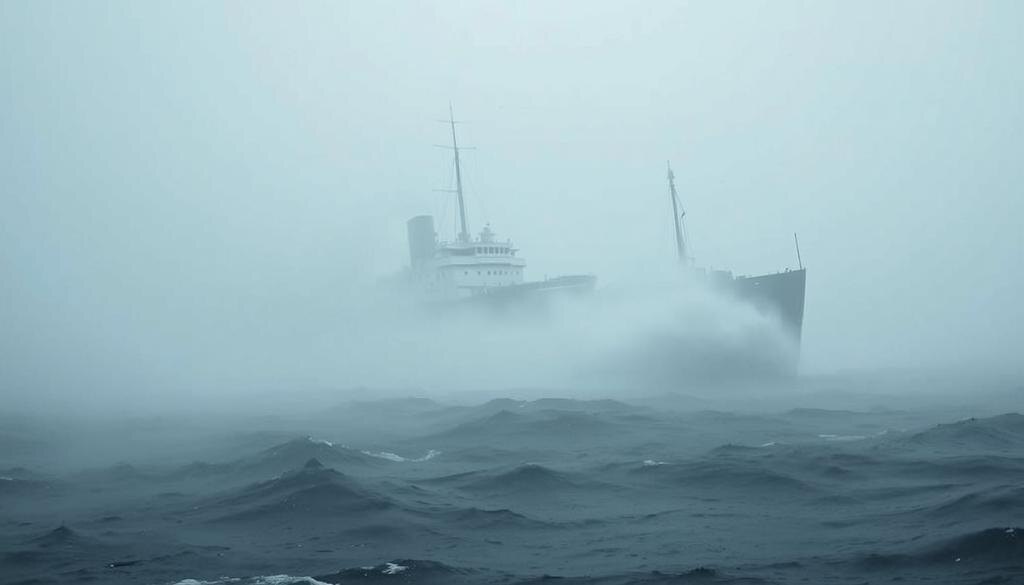    Драматическая сцена с грузовым судном USS Cyclops, потерянным в Атлантике, окруженным туманом и зловещими волнами, вызывающая атмосферу тайны его исчезновения.