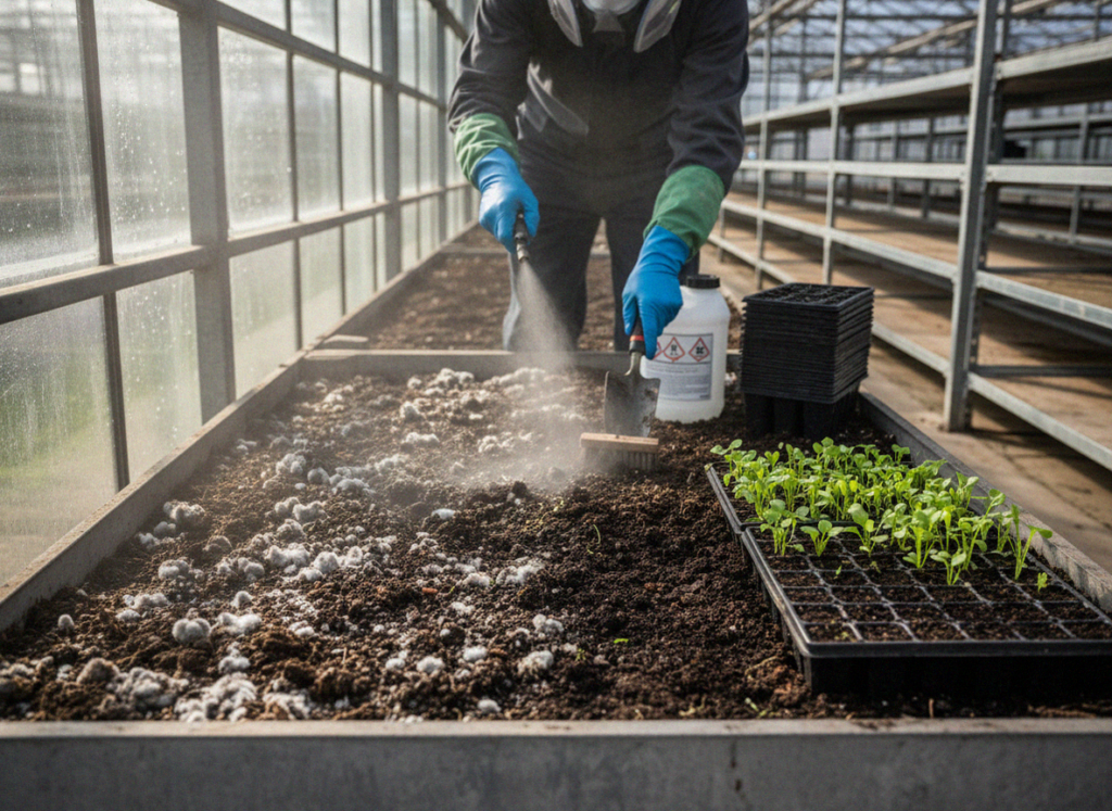    Обработка почвы в теплице: дезинфекция субстрата перед посадкой для защиты молодых растений. adminzelenayausadba