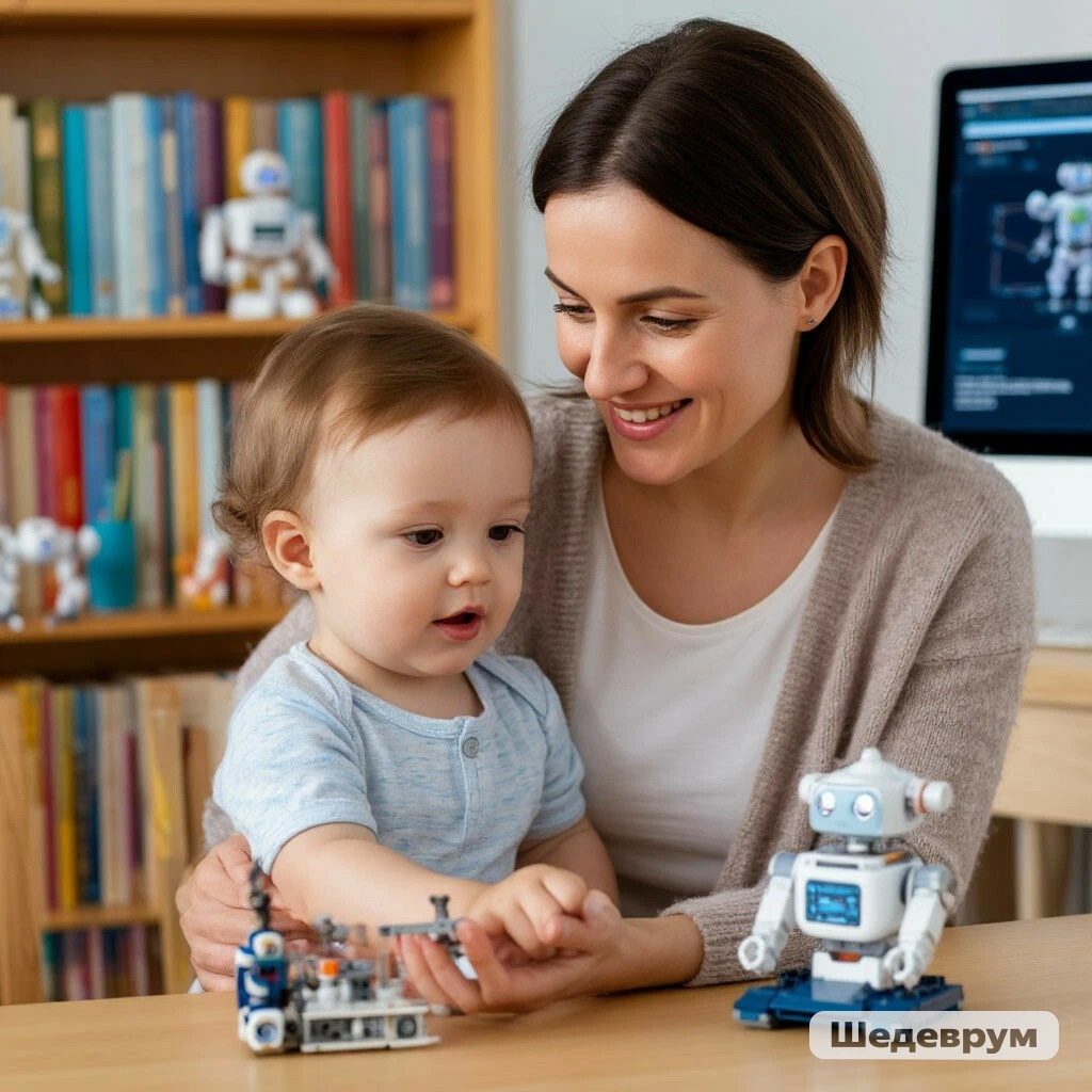 Мама, с улыбкой на лице, объясняет ребёнку, как соединить детали (ИИ изображение)