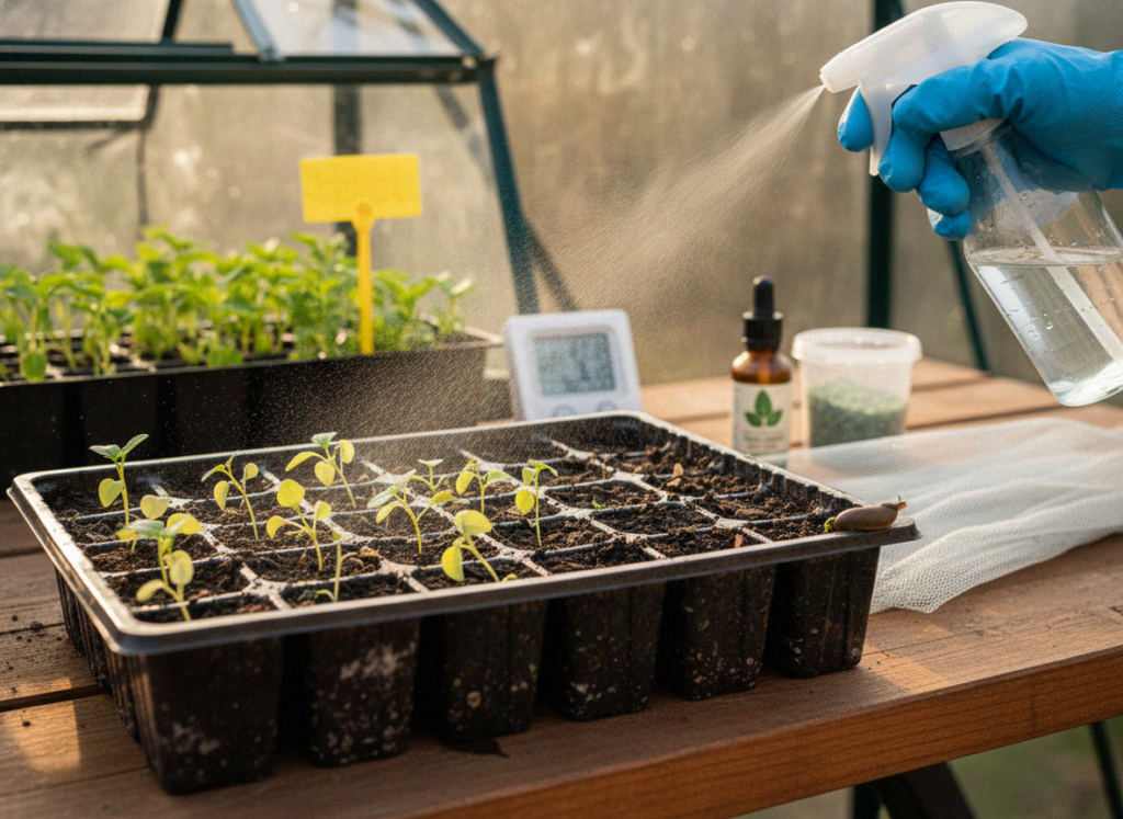    Опрыскивание рассады в кассетах в теплице — один из проверенных шагов защиты от болезней и вредителей. adminzelenayausadba