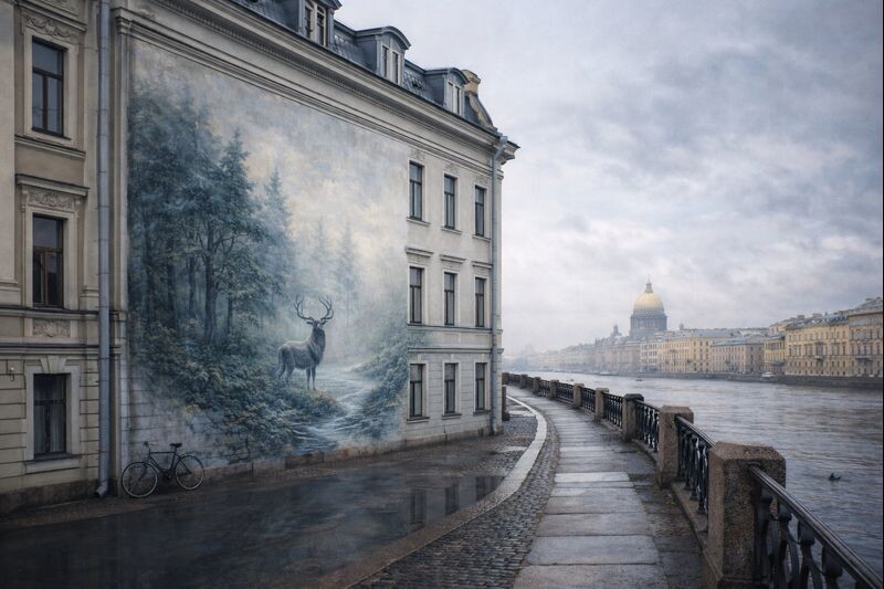 Пример художественной росписи фасада здания в Санкт-Петербурге