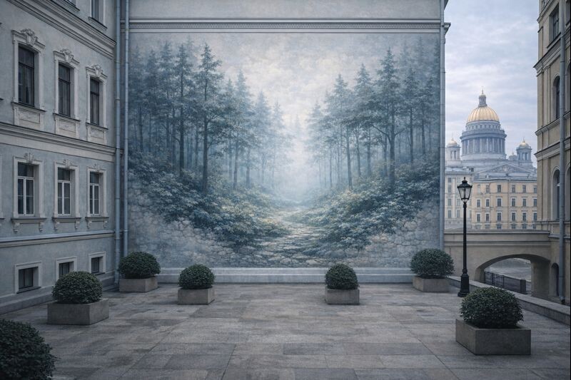 Пример художественной росписи фасада здания в Санкт-Петербурге