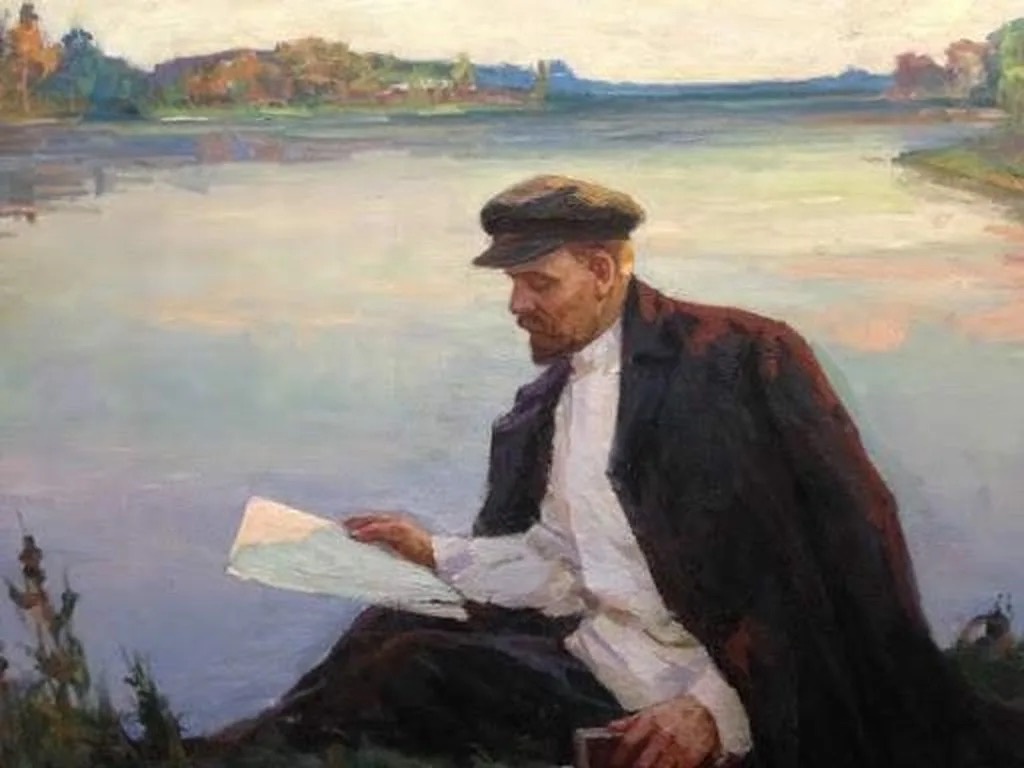 Картина «В. И. Ленин в Разливе в 1917 году», 1934 г., художник А. А. Рылов. В советское время право изображать Ленина предоставлялось ограниченному кругу художников, чьи работы соответствовали идеологическим требованиям и художественным канонам эпохи.