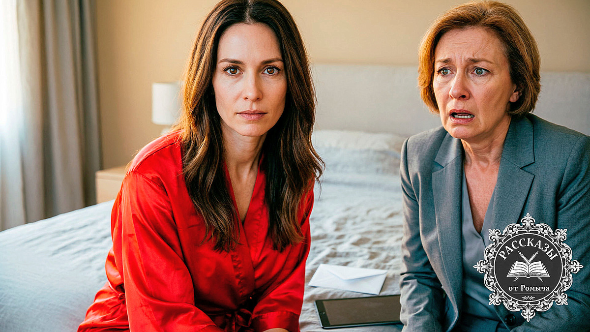 Женщина, карие глаза, темно-русые волосы, в ярко-красном шелковом халате, сидит на кровати с бледным, но торжествующим лицом. Напротив неё пожилая женщина в дорогом сером костюме, лицо которой искажено страхом и шоком. Между ними на одеяле лежит распечатанный белый конверт и планшет.