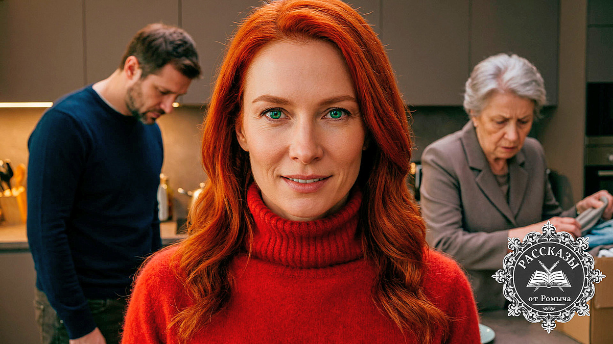 Женщина с ярко-рыжими волосами и зелеными глазами, одета в роскошный красный кашемировый свитер. Она стоит на переднем плане с легкой торжествующей улыбкой. На заднем плане, в тусклом свете кухни, поникший мужчина и растерянная женщина в тускло-серой одежде собирают вещи.