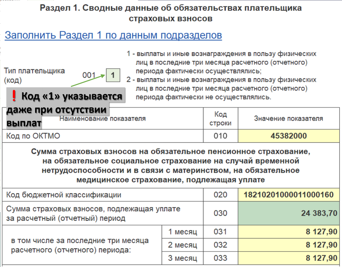 Раздел 1 Расчета по страховым взносам (ЗП руководителя отсутствует или <МРОТ)