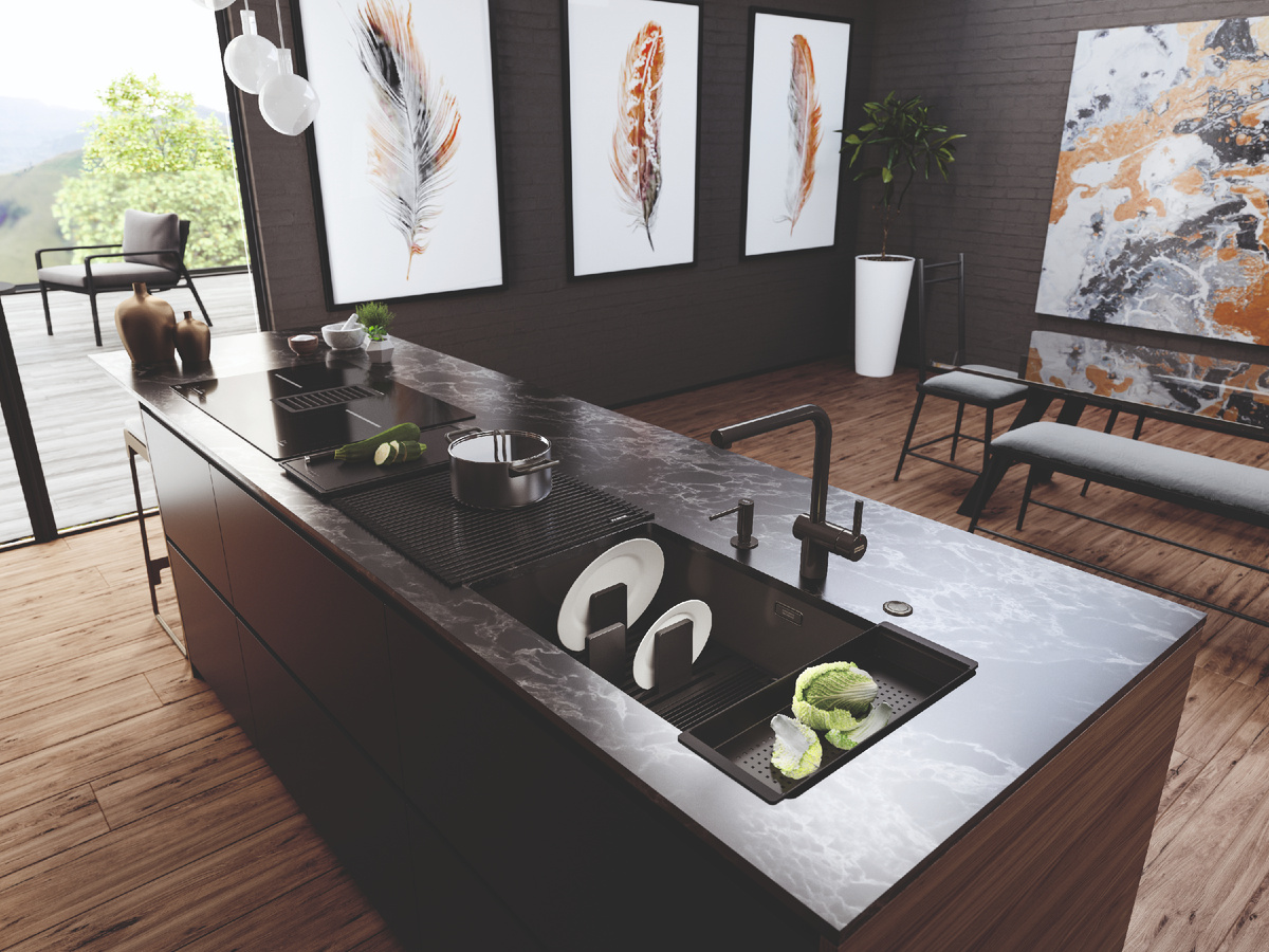 Кухонная мойка смешанного монтажа BXM 210/110-68 из нержавеющей стали с покрытием F-Inox (Эф-Айнокс), смонтированная под столешницу. Комплект аксессуаров для сушки посуды. В шкаф 70 см.