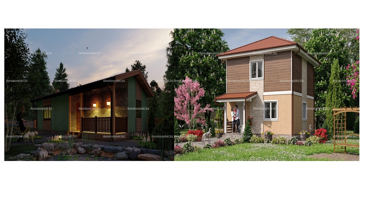 Слева: двухэтажный «Кипарис» (пятно застройки 36 м²). Справа: одноэтажное «Заболотье» (пятно застройки 72 м²)