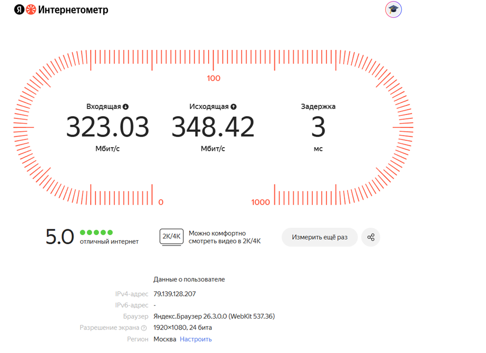 
Полученные показатели:
•	Входящая: 323.03 Мбит/с — высокая скорость, достаточная для:
Одновременной потоковой передачи 4K-видео на 10+ устройств
Быстрой загрузки больших файлов (игры, фильмы за минуты)
Комфортной работы с облачными сервисами
•	Исходящая: 348.42 Мбит/с — отличный показатель для:
Видеоконференций в высоком качестве
Стриминга контента
Работы с облачными хранилищами
Удаленной работы с тяжелыми файлами
•	Пинг: 3 мс — превосходный результат:
Идеально для онлайн-игр (требуется <20 мс)
Комфортные видеозвонки без задержек
Быстрая реакция веб-приложений
