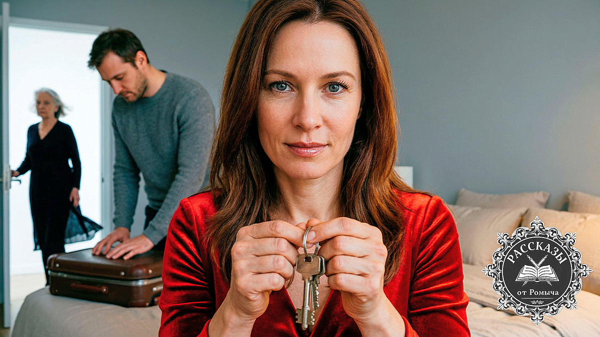 Женщина с темно-серыми глазами и каштановыми волосами, одета в ярко-красное атласное платье. Она стоит посреди спальни, в её руках связка ключей, лицо выражает холодное торжество. На заднем плане понурый муж славянин в тусклом сером свитере закрывает чемодан, а в дверном проеме видна тень уходящей пожилой женщины.
