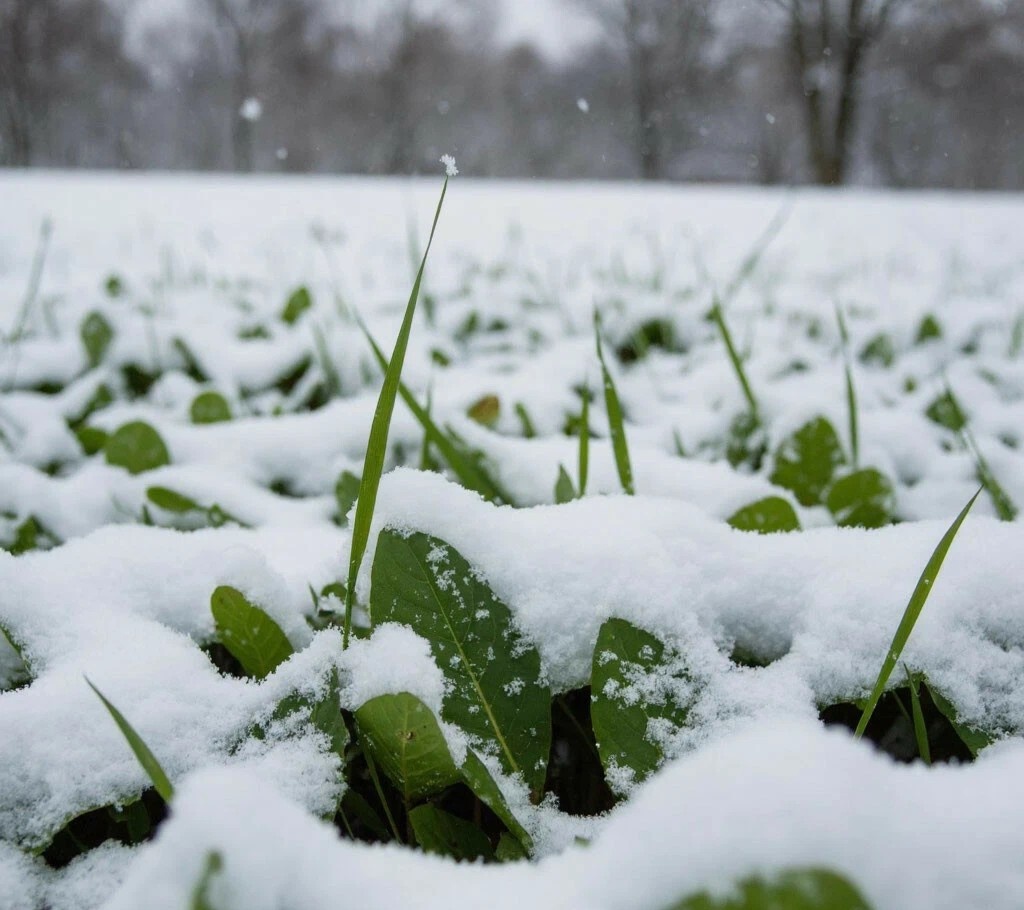 Снег на зеленой траве