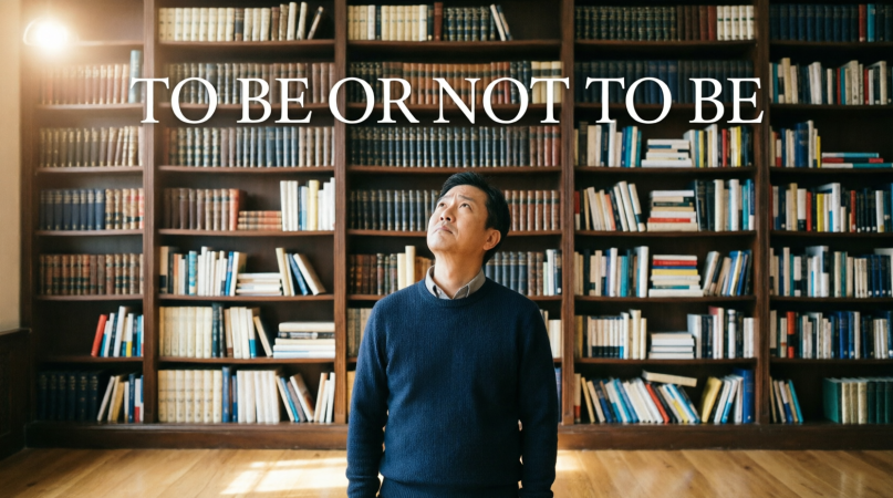 "TO BE OR NOT TO BE" на обложке фраза из Шекспира, словно повисшая в воздухе, находит отражение в мыслях человека, до конца так и не постигшего тайны глагола BE. На заднем плане полки с множеством книг. 