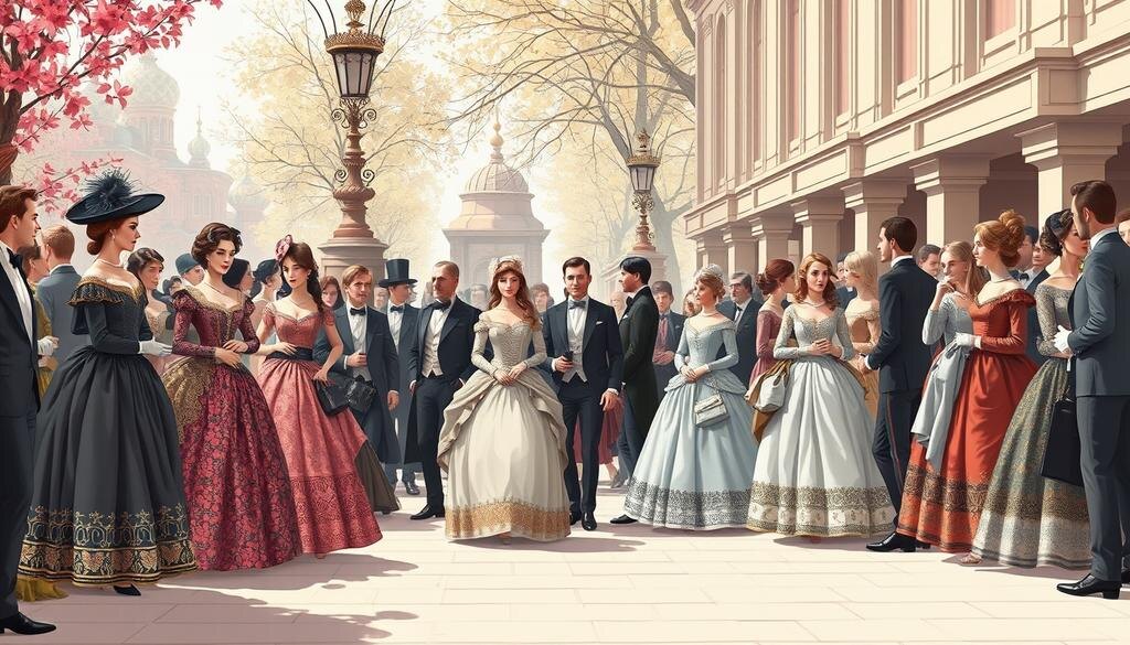    Иллюстрация модной сцены 19 века в России с женщинами в платьях стиля ампир и мужчинами в строгих костюмах.