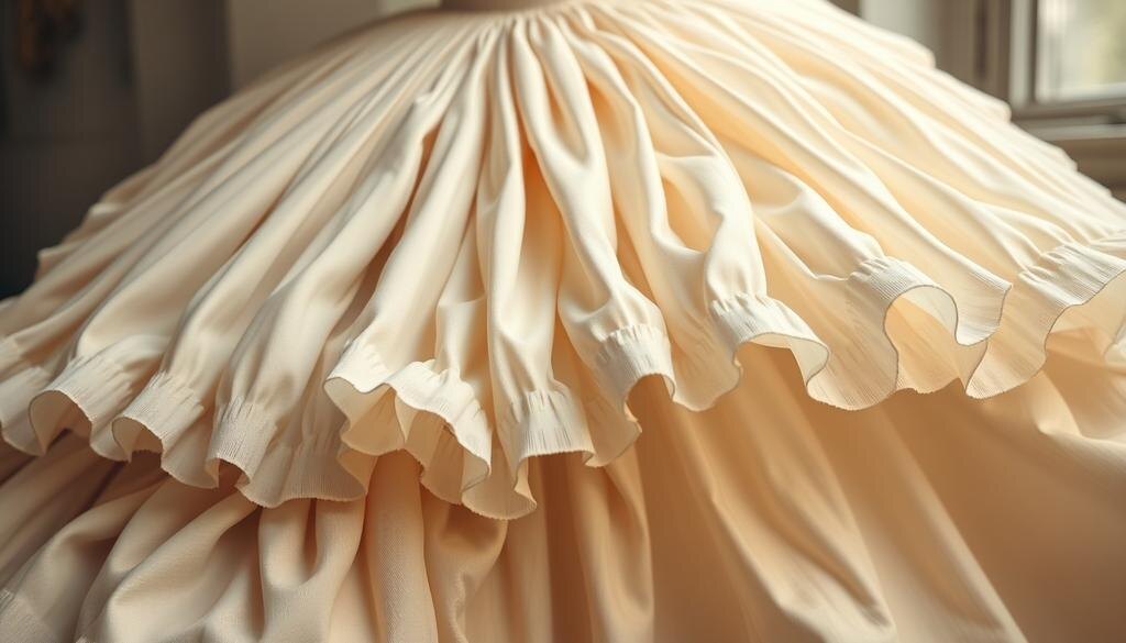    Близкий план роскошного платья с кринолином и объемными юбками, характерный для середины 19 века.