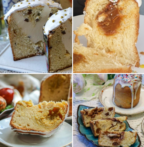 По часовой стрелке: кулич с заварным кремом, с вареной сгущенкой, с кремом из манго и белого шоколада и с плиточным шоколадом