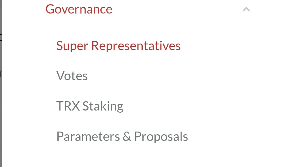 Раздел Governance (управление) в обозревателе TRONSCAN. Он посвящён механизмам консенсуса и управления сетью TRON.