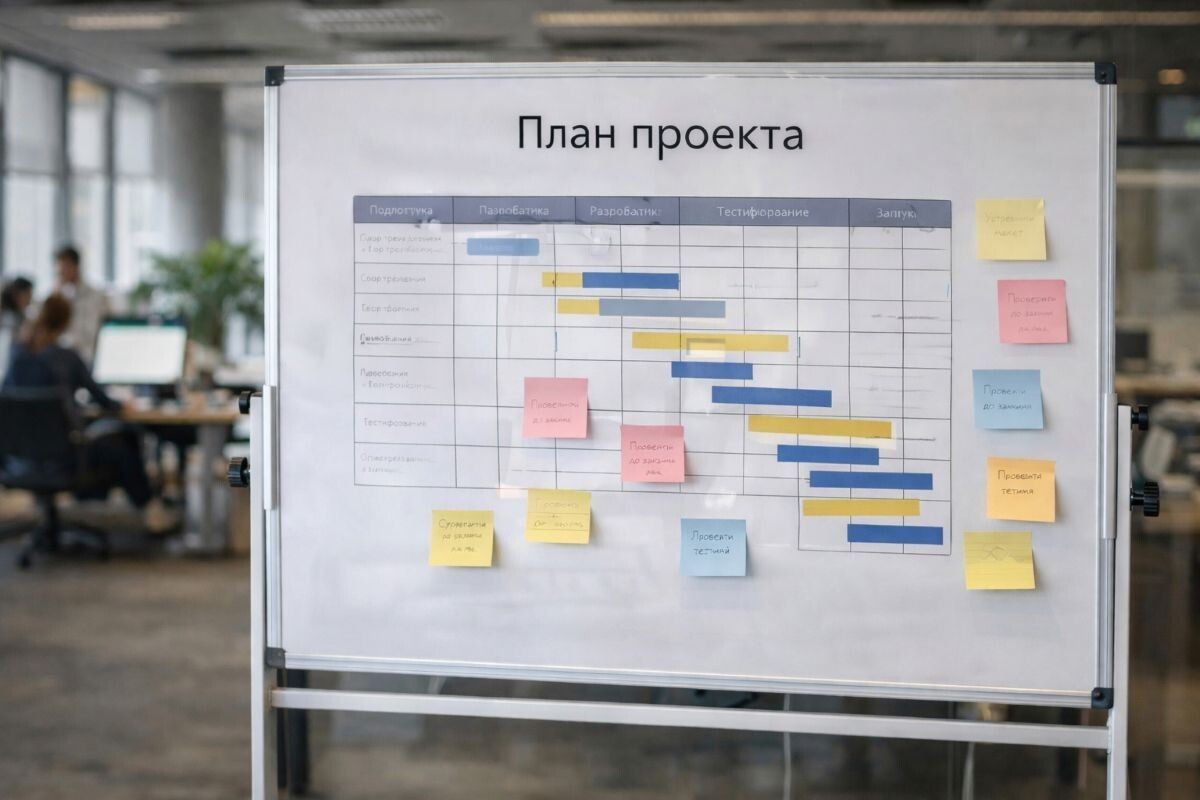 Полезно держать схему предстоящих работ на видном месте: так все сотрудники будут в курсе прогресса. Источник: нейросеть📷
