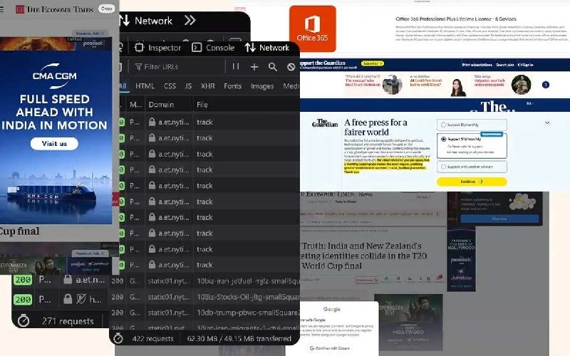 Открыл NYT почитать новости — браузер скачал 49 МБ и сделал 422 сетевых запроса