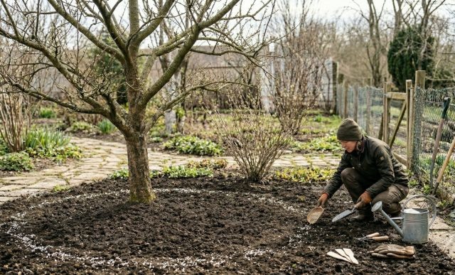 Не сыпьте удобрения под ствол! Вносите их по проекции кроны (линии крайних ветвей) — именно там находятся активные корни. Обязательно заделывайте гранулы в почву и поливайте, чтобы питание дошло до цели, а не досталось траве.  📷
