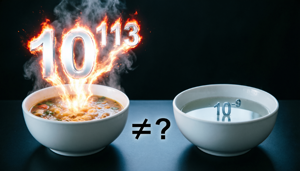 Теория предсказывает, что каждая тарелка супа содержит 10¹¹³ джоулей энергии вакуума – но измерения показывают почти ноль. Расхождение в 120 порядков – «наихудшее предсказание в истории науки».