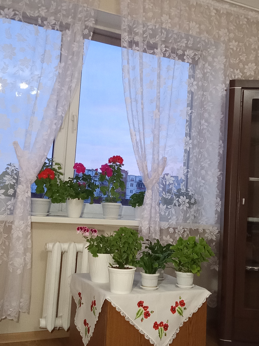           Новый тюль и чистая салфетка на тумбочке.             