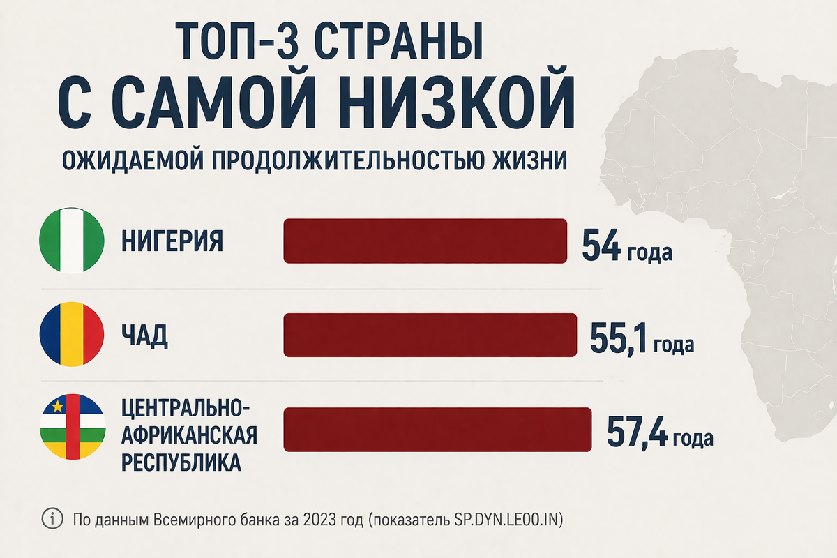 По последним международным оценкам самые низкие показатели ожидаемой продолжительности жизни сейчас фиксируются в Нигерии, Чаде и ЦАР.